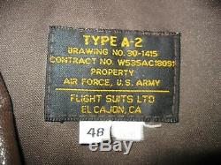 Flight Suits LTD Type A-2 Leather Bomber Jacket Air Force U. S. Army 48 Regular