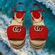 Gucci Gg Red Sandals Slides Wedge Crochet Pearl Lilibeth Womens Size Eu 38 Us 8