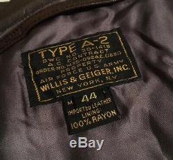 Military Type A-2 Willis & Geiger Army, Air Force Flight Leather Jacket Men's 44