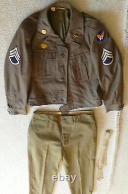 ORIGINAL VNT WWII ARMY AIR FORCE Brown WOOL JACKET 40S Khaki PANT TIE PINS PATCH