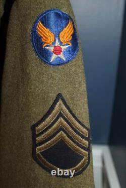 Original WW2 U. S. Army Air Forces S/Sgt Named Patched OD Wool Overcoat, 1941 d