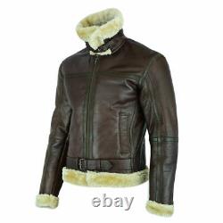 RAF Mens B3 Air Force Sheep Leather Jacket Pilot Flying Aviator Fur Bomber Brown