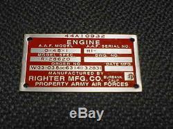 Righter Aircraft Drone Engine Data Plate Acid Etched 1940s- 1950s Army Air Force