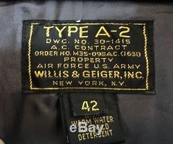 VTG WILLIS & GEIGER Type A-2 Brown Leather Air Force US Army Flight Jacket sz 42