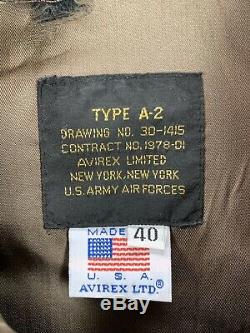 Vintage Avirex US Army Airforce Brown Leather A2 Bomber Flight Jacket Sz 40 USA