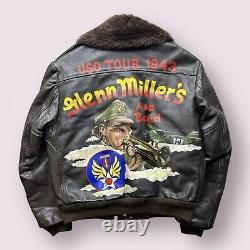 Vintage Men's Glenn Millers Army Air Force Band Leather Bomber Pilot Jacket L