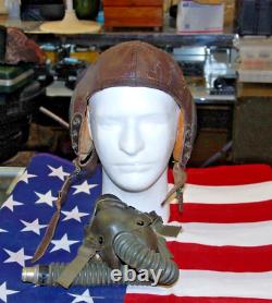 WWII Army Air Corp Force Bomber flight leather helmet & A-11 Oxygen Mask Pilot