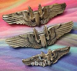 Ailes de tireur aérien de l'US Army Air Force AAF de la Seconde Guerre mondiale en argent sterling, 1 propriétaire, lot de 3