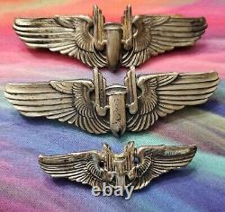 Ailes de tireur aérien de l'US Army Air Force AAF de la Seconde Guerre mondiale en argent sterling, 1 propriétaire, lot de 3