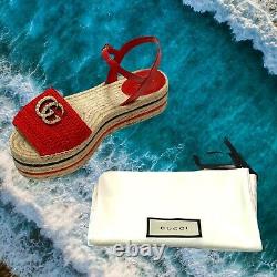 Gucci Gg Red Sandals Slides Wedge Crochet Pearl Lilibeth Womens Size Eu 38 États-unis 8