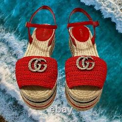 Gucci Gg Red Sandals Slides Wedge Crochet Pearl Lilibeth Womens Size Eu 38 États-unis 8