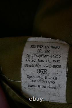 Manteau en laine de sergent-chef de l'USAAF 2e armée de l'air 'AE CLARK' WWII 36R 1942