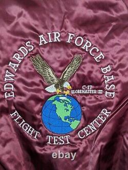 Veste de bombardier satinée rare des années 80 et 90 de la base aérienne d'Edwards C17 Globemaster 3