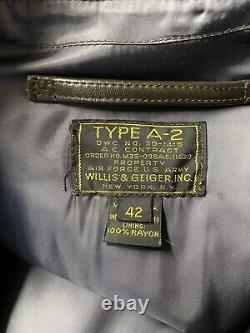 Veste en cuir Vintage Willis & Geiger Type A-2 de l'armée de l'air américaine Taille 42 Marron