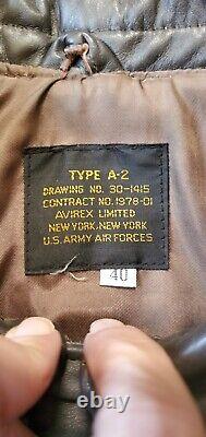 Veste en cuir marron de l'US Army Air Forces, modèle A-2, taille 40, de style bombardier vintage, Avirex.