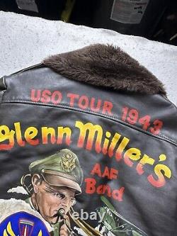 Veste en cuir pilote bomber vintage homme Glenn Miller Army Air Force Band L