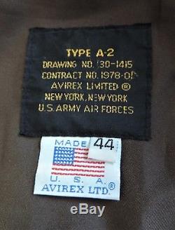 Vintage Avirex A-2 Armée De L'air Des États-unis Marron En Cuir Pilot Flight Jacket 42