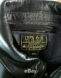Vtg A2 Willis Geiger Bombardier En Cuir Flight Jacket Army Air Force A2 Taille 42