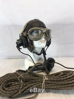 Ww II Us Army Air Force En Cuir A-11 Vol Casque, Googles Et Head Set B-25